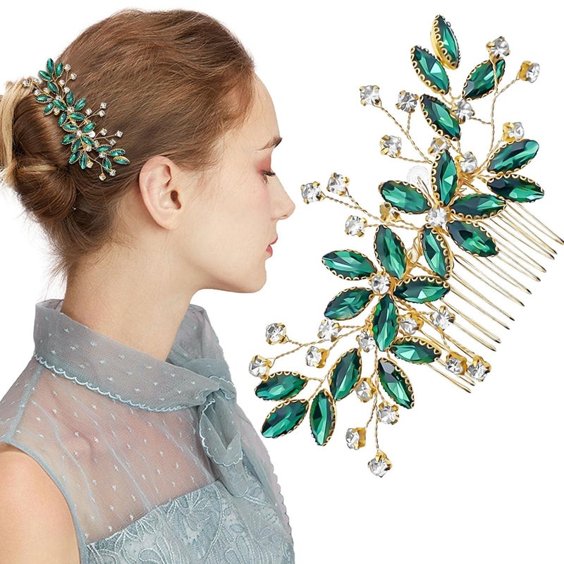 Green Crystal Bride Wedding Hair Side Comb Green Leaf Rhinestone Gold Hair Vine Rhinestone Bride Headpiece Jewelry Wedding Hair Accessories for Women