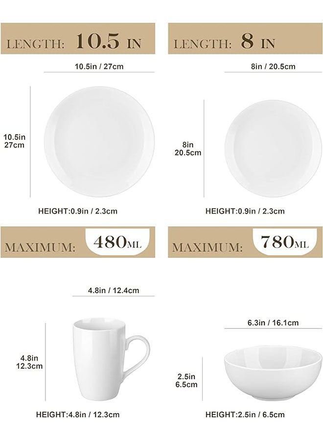 16Piece Gourmet Porcelain Dinnerware Sets, Modern White Round Dish Set for 4 - Premium Serving Plates and Bowls Sets for Dessert, Salad, Soup, Pasta