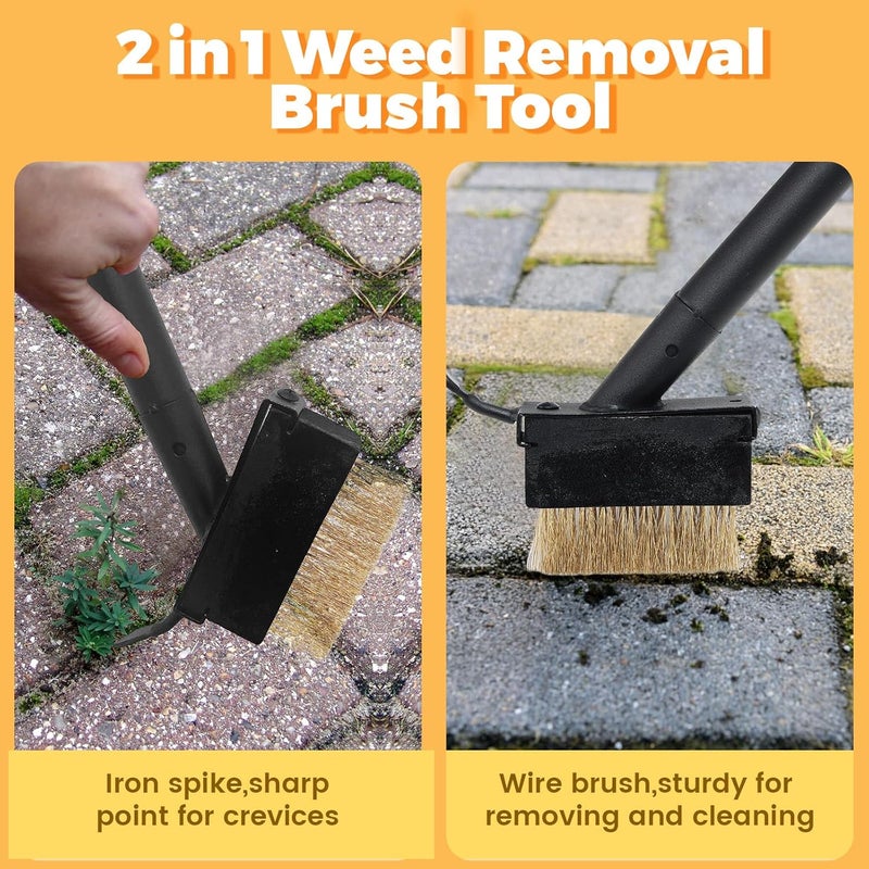 ABtool Moss Out Weed Puller Remover Tool for Crevice Weeding with 73.2inch Long Adjustable Handle, 2 in 1 Crack Weeder Moss Killer Grout Remover Brush, Manual Weed Remover Tool for Driveway Deck Paver Patio - Image 2