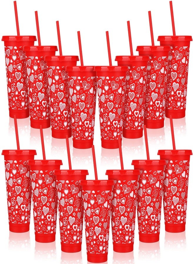 Layhit 15 Pcs Valentines Tumbler with Straw and Lid 24 oz Reusable Red Heart Plastic Cups for Kids Adults Valentine's Day Cups for Wedding Anniversary Celebration Party Supplies - Image 1