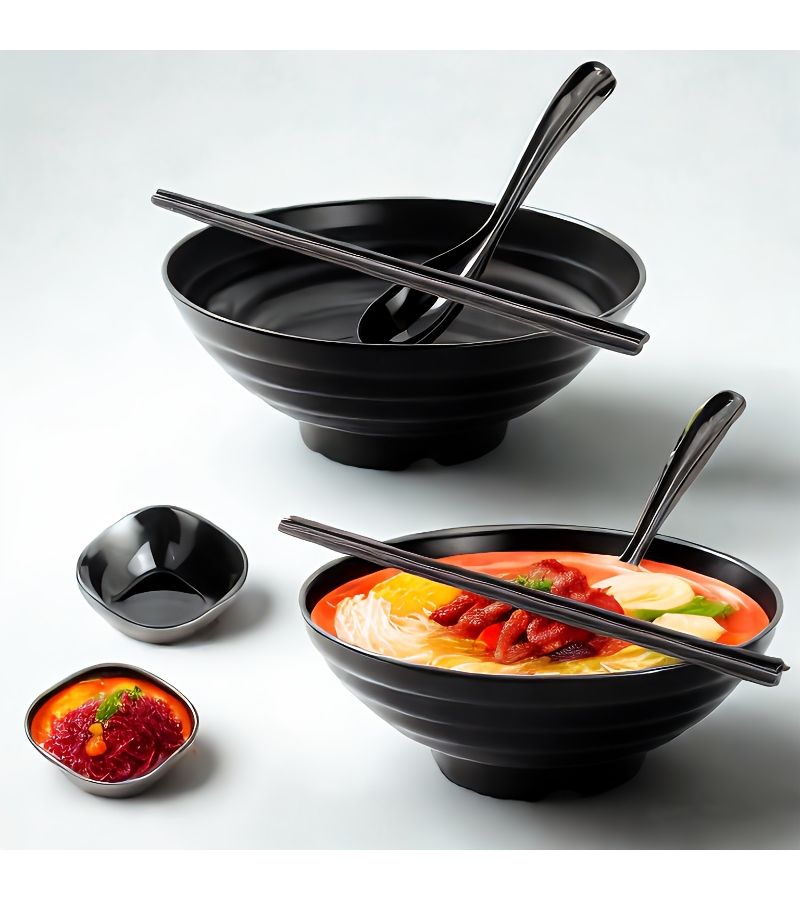 Black 4Pc Rice Ramen Bowl Set With Chopsticks Spoon Anti Fall Stackable Salad Noodle - Image 1