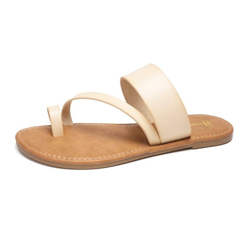 Huayuanwell Women's Slide Sandals Slip On Flat Sandals Flip Flop Thong Sandals Casual Summer Shoes (9, Beige) - Image 1