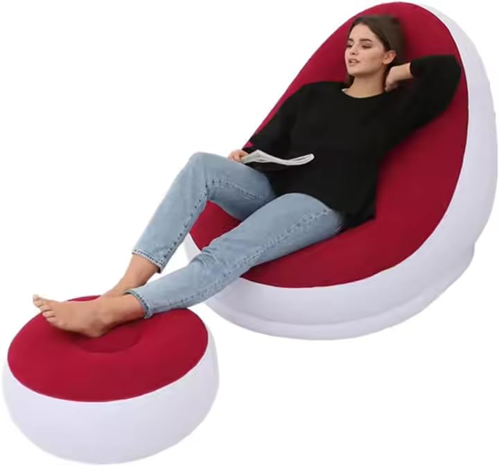 Inflatable Deck Chair with Air Pump Portable Lounger Sofa for Indoor & Outdoor Use Camping Beach Picnic (Red)