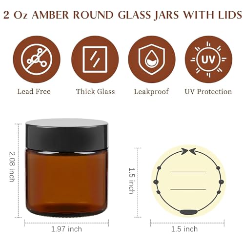 TUZAZO 2 Oz Thick Amber Round Glass Jars with Inner Lids and Black Lids, 12 Pack Small Empty Candle Making Jars/Cosmetic Containers for Lotions, Creams, Body Butters, Essential oil Beauty Products - Image 2
