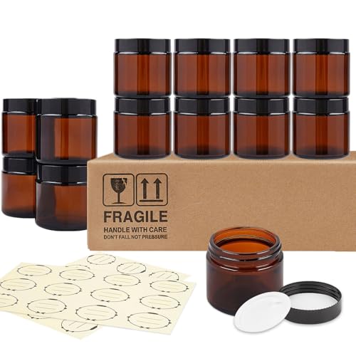 TUZAZO 2 Oz Thick Amber Round Glass Jars with Inner Lids and Black Lids, 12 Pack Small Empty Candle Making Jars/Cosmetic Containers for Lotions, Creams, Body Butters, Essential oil Beauty Products - Image 1
