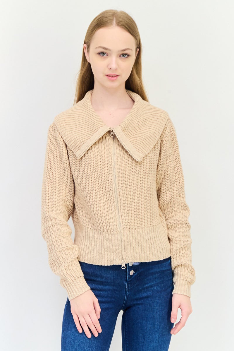 No Comment Women Turtle Neck Knitted Cardigan, Beige - Image 1
