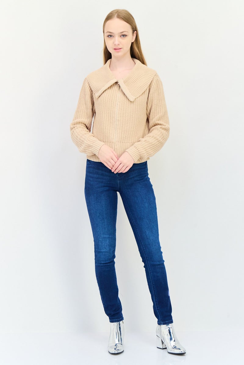 No Comment Women Turtle Neck Knitted Cardigan, Beige - Image 3