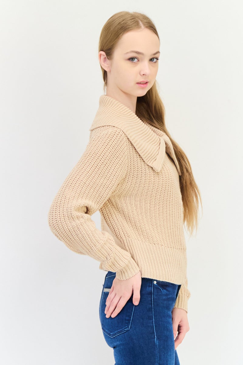 No Comment Women Turtle Neck Knitted Cardigan, Beige - Image 4