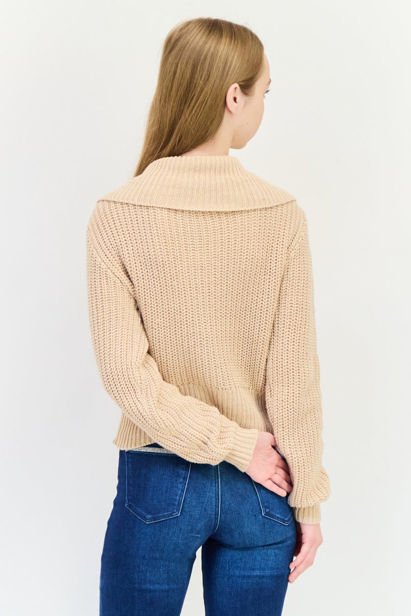 No Comment Women Turtle Neck Knitted Cardigan, Beige - Image 2