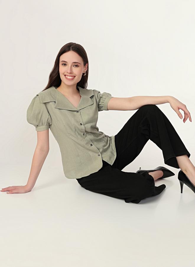 Mish Green Puff Sleeve Shirt with Peter Pan Collar - Image 2