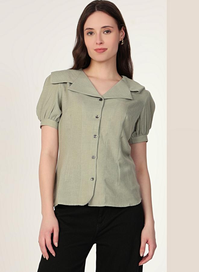 Mish Green Puff Sleeve Shirt with Peter Pan Collar - Image 1