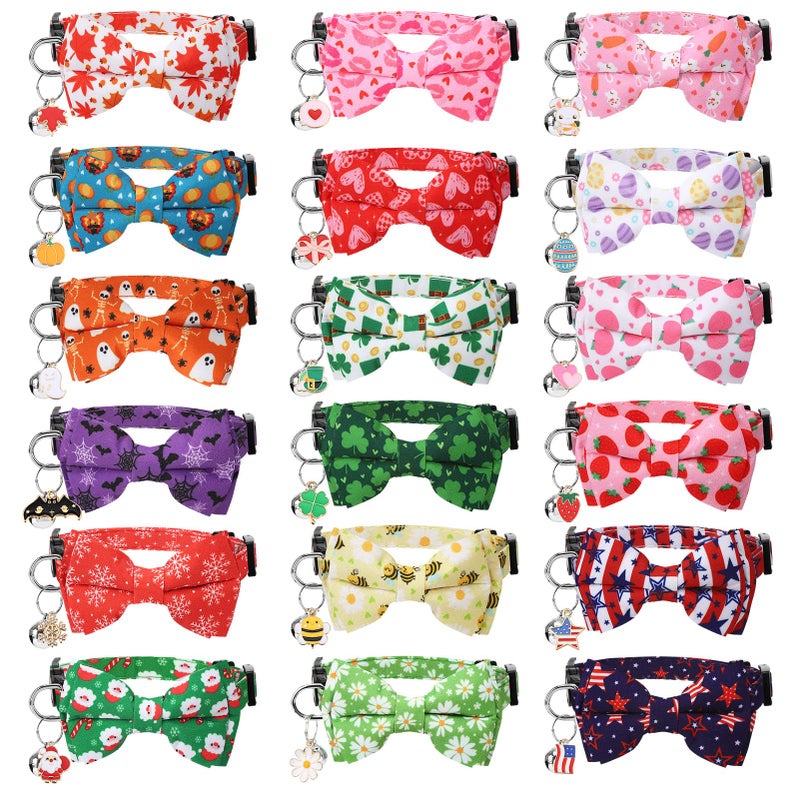 Guiqulai 18 Pcs Holiday Cat Collars Valentines Cat Collars with Bowtie Adjustable Breakaway Kitten Collar with Plastic Buckle for Holiday Pet Cat Costume - Image 1