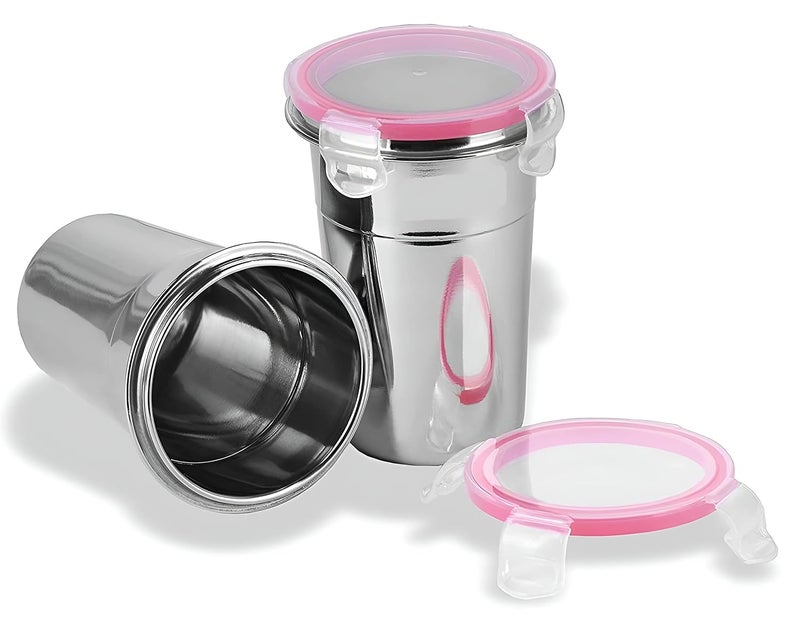 Shopeum Stainless Steel Glass Tumbler with Silicon Lid Leak Proof Click Seal Lock Air Tight Cap Cover Silver Set of 2 Pcs 400ml Capacity - Image 1