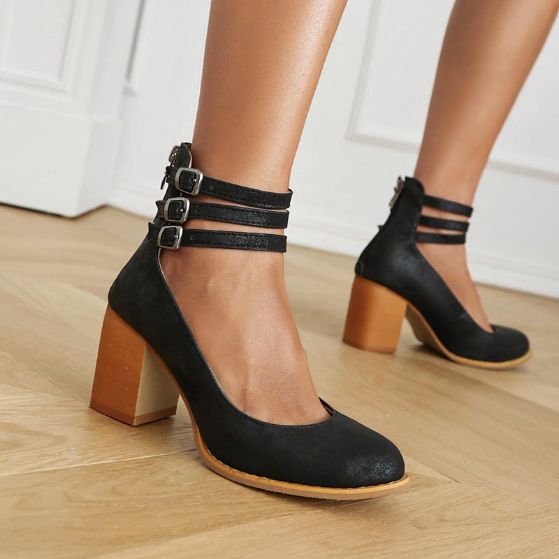2023 Chunky Heel High Heel Retro Mary Jane Women'S Shoes 40-48 New One Word Buckle High Heels - Image 3