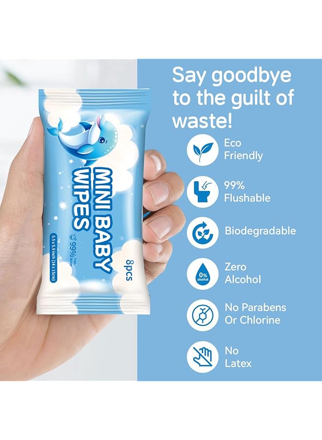 ECVV 64 Count Mini Baby Wet Wipes 8Pcs/Pack (Total 8 Pcs) Individually Wrapped 99% Pure Water Hypoallergenic Eco Friendly And Perfect For Newborns And On The Go Families - Image 3