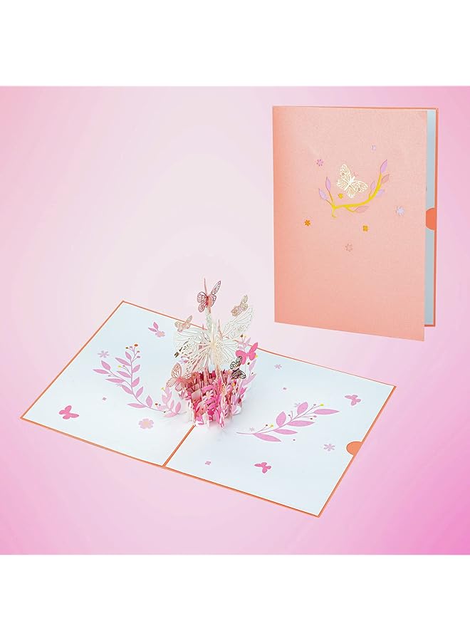 Pink Butterfly Birthday Pop Up Card Butterfly Flower 3D Greeting Card Butterfly Gift For Women Wife Girl Daughter Mother'S Day Valentines Thinking Of You Anniversary All Occasion