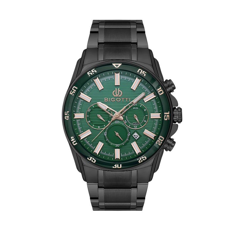 Bigotti Raffinato Black Stainless Steel Watch for Men BG.1.10675-4 - Dark Green Emboss Dial, 46mm Case, Japanese Quartz, Date Display, 50M Water Resistant, Mineral Glass - Image 1