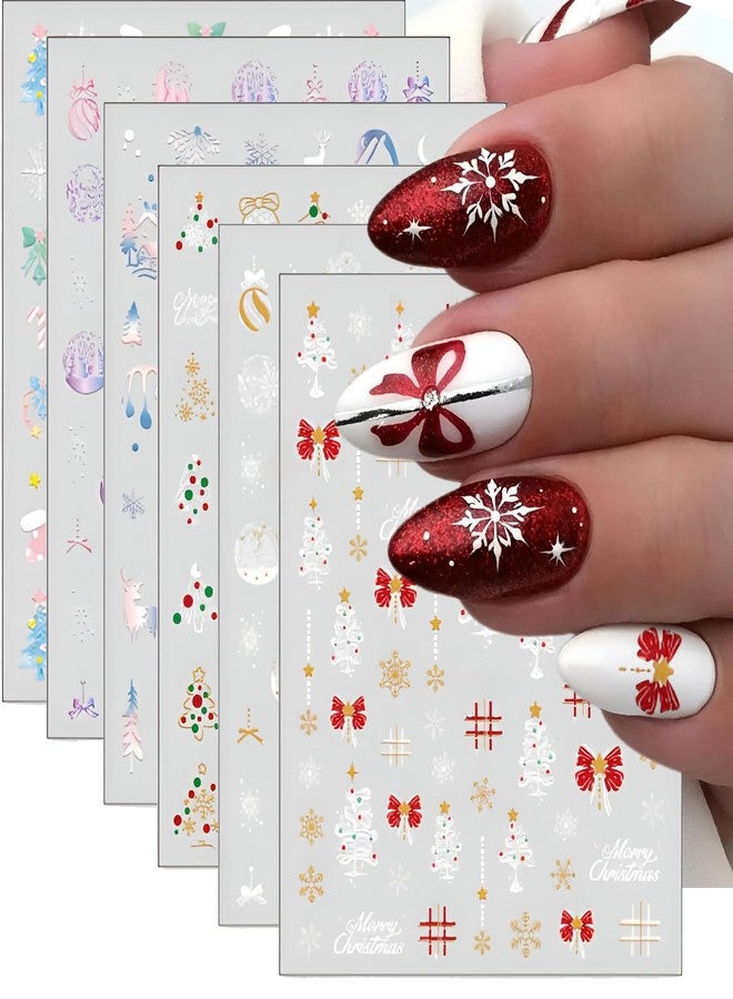 winthrop 6 Sheets Christmas Nail Stickers – 3D Self-Adhesive Gold Snowflake Tree Reindeer Red Bow Pink Winter Nail Decals for Women Girls Holiday Manicure - Image 1