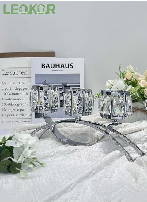 3 Arms Decorative Crystal Tealight Candle Holder Silver