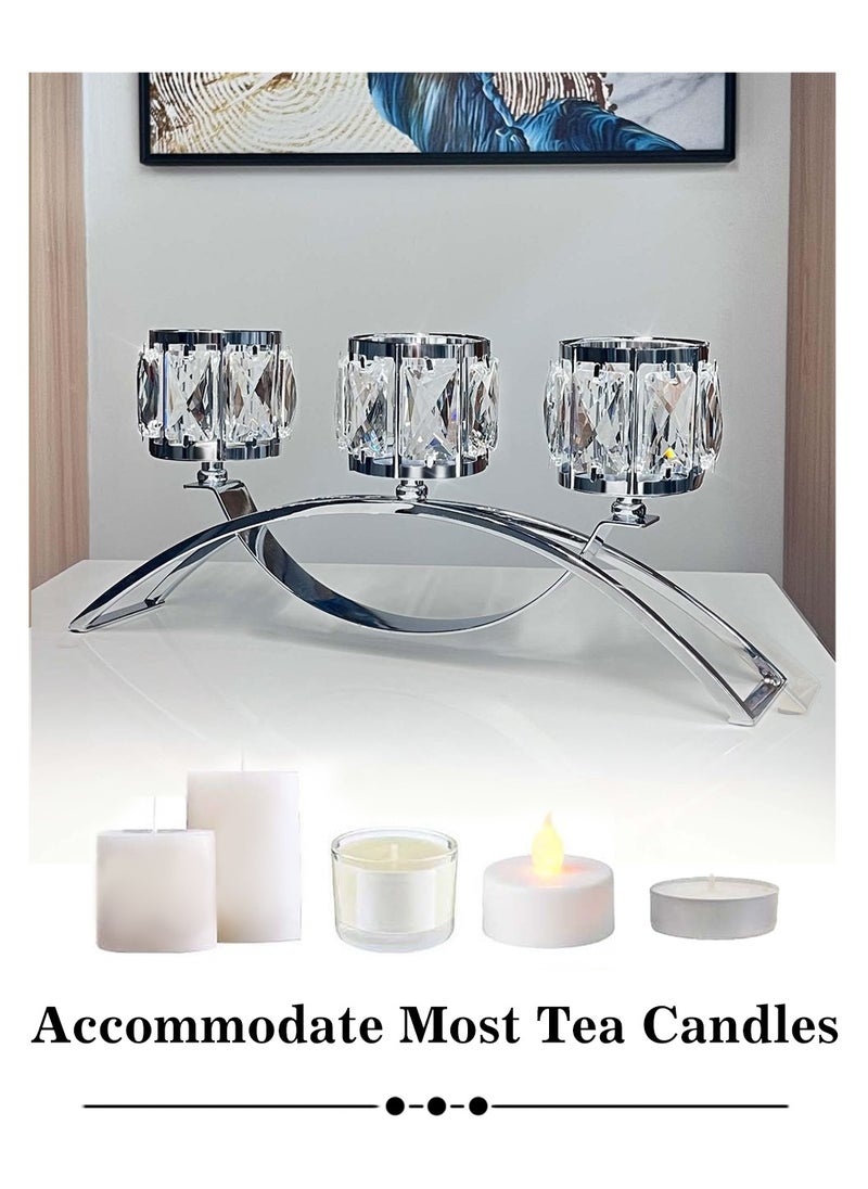 3 Arms Decorative Crystal Tealight Candle Holder Silver