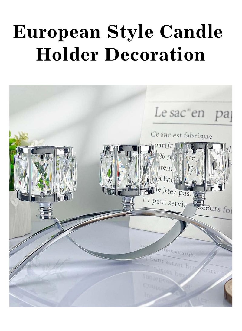 3 Arms Decorative Crystal Tealight Candle Holder Silver