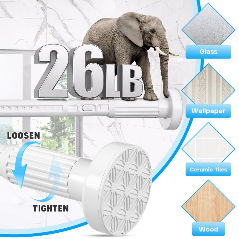 MEXAU White Tension Curtain Rods 41-146 In Extra Long Outdoor Patio Curtain Rods No Drilling Adjustable Heavy Duty Tension Rods for Windows Bathroom Living Room Curtains, Rod Diameter 1.26In - Image 3