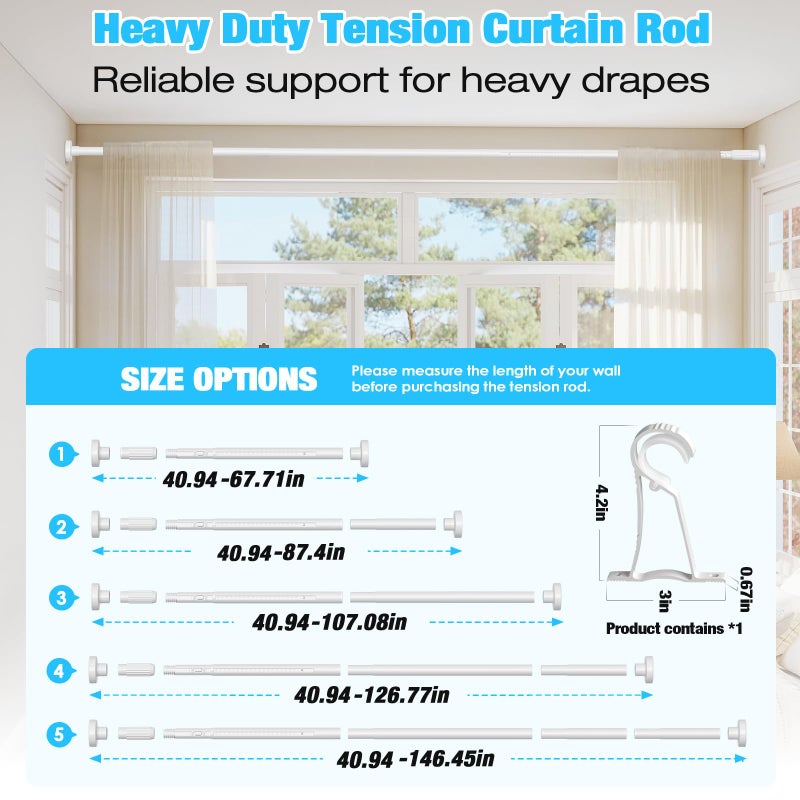 MEXAU White Tension Curtain Rods 41-146 In Extra Long Outdoor Patio Curtain Rods No Drilling Adjustable Heavy Duty Tension Rods for Windows Bathroom Living Room Curtains, Rod Diameter 1.26In - Image 5