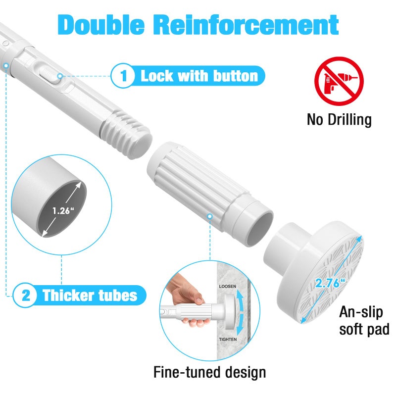 MEXAU White Tension Curtain Rods 41-146 In Extra Long Outdoor Patio Curtain Rods No Drilling Adjustable Heavy Duty Tension Rods for Windows Bathroom Living Room Curtains, Rod Diameter 1.26In - Image 4