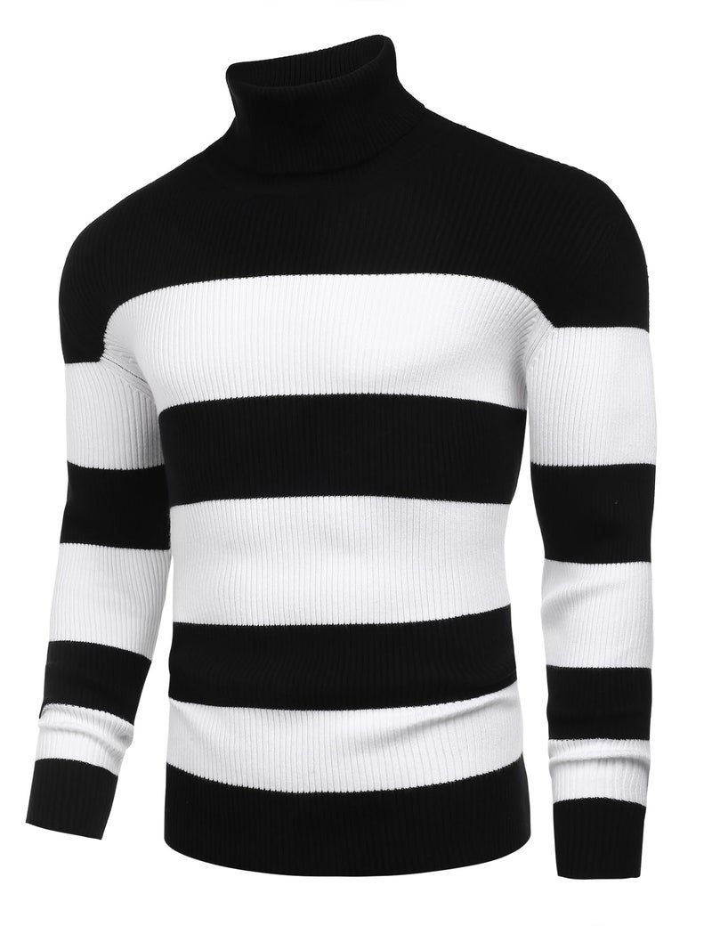 COOFANDY Mens Ribbed Slim Fit Knitted Pullover Casual Turtleneck Sweater Black White Striped - Image 3