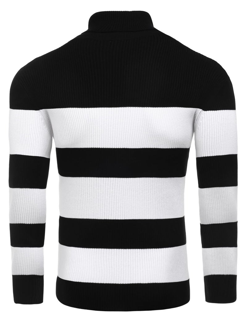 COOFANDY Mens Ribbed Slim Fit Knitted Pullover Casual Turtleneck Sweater Black White Striped - Image 4