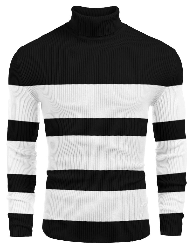 COOFANDY Mens Ribbed Slim Fit Knitted Pullover Casual Turtleneck Sweater Black White Striped - Image 1