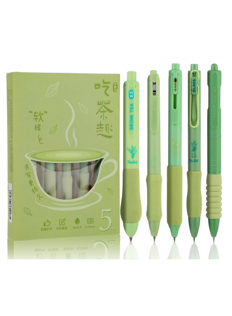 KASTWAVE 5 قطع قلم جيل، مع مقبض مطاطي ناعم، أقلام كتابة سلسة، أقلام قابلة للسحب، أقلام حبر أسود بقطر 0.5 مم، أقلام حبر أسود سريعة الجفاف، لتدوين الملاحظات، القرطاسية المدرسية، مستلزمات المكتب، الشاي - Image 1