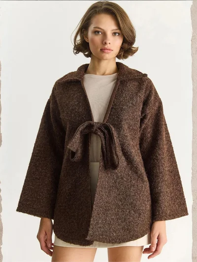 بيانكو لوتشي LUCCI Textured Oversized V-Neck Tie Closure Cardigan