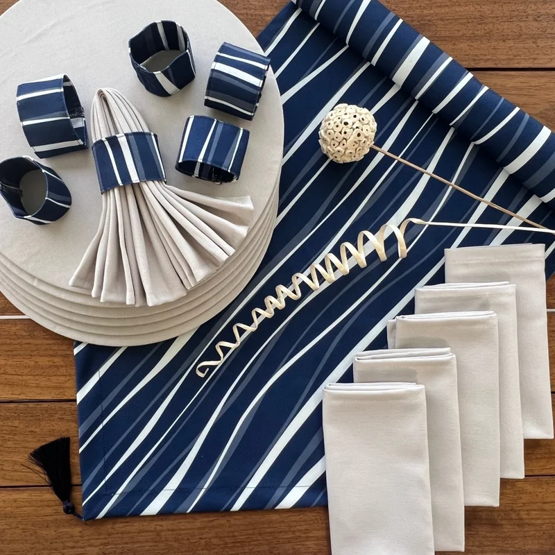 Desenİzmir Pattern Izmir Denizimir Placemat Wavy Lines Pattern Set 6 Tableware, 6 Cloth Napkins, 6 Napkin Rings and Runner Cover Combination 2