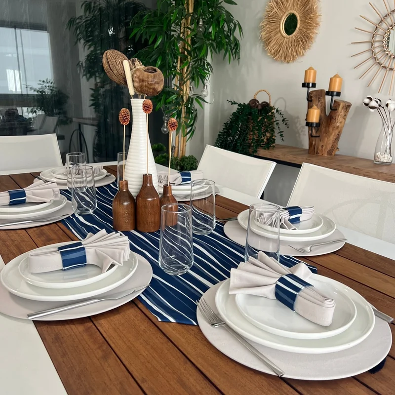 Desenİzmir Pattern Izmir Denizimir Placemat Wavy Lines Pattern Set 6 Tableware, 6 Cloth Napkins, 6 Napkin Rings and Runner Cover Combination 2