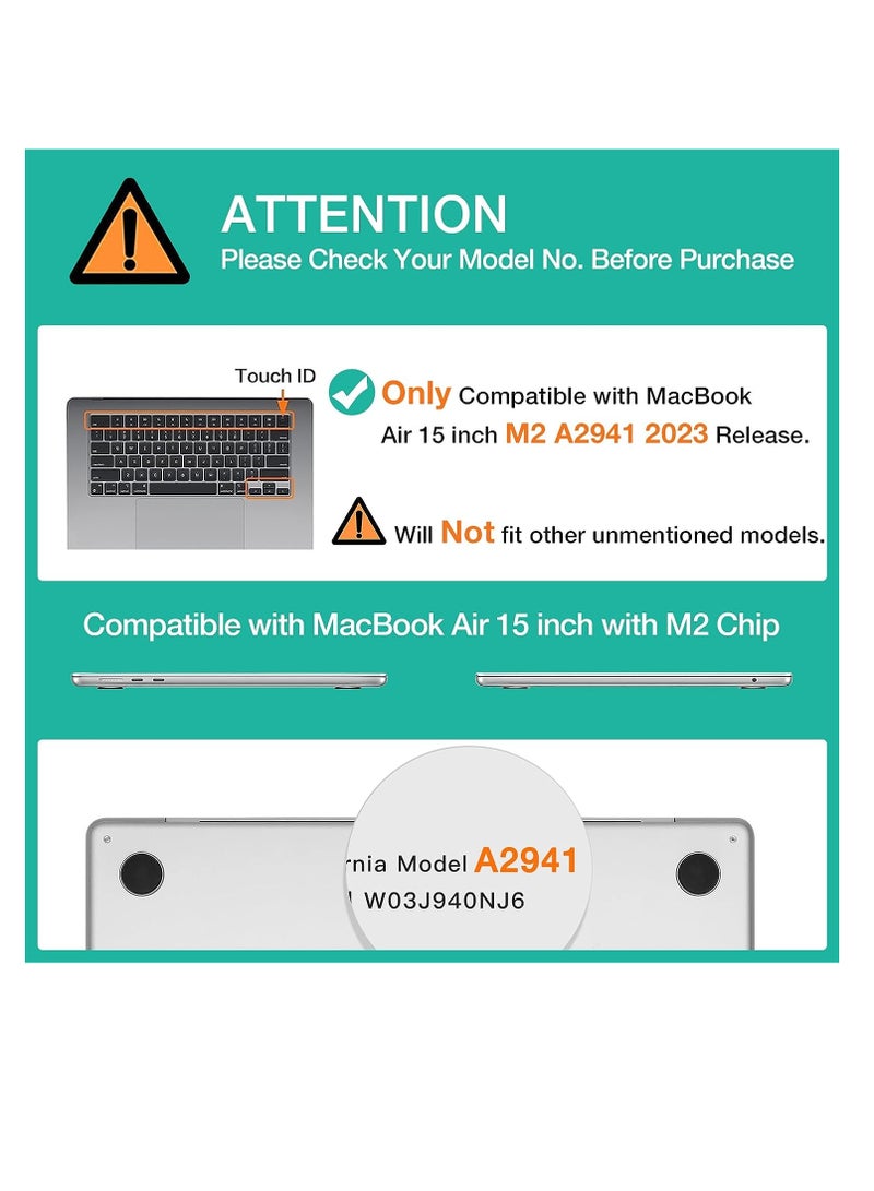 لون شفاف متوافق مع حافظة M2 MacBook Air 15 بوصة 2023 A2941 هيكل صلب من البلاستيك مع غطاء لوحة المفاتيح لجهاز MacBook Air 15.3 بوصة مع شريحة M2 وشاشة عرض شبكية العين السائلة معرف اللمس غير لامع - Image 2