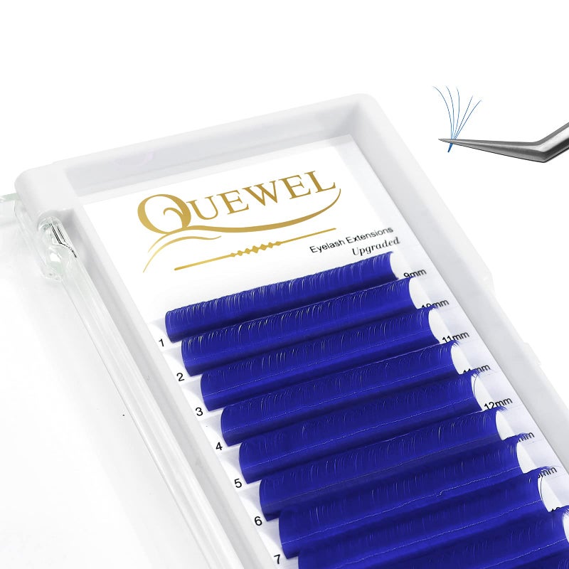 QUEWEL Easy Fan Volume Lashes 007 D Curl Blue Volume Eyelash Extensions 916mm Mixed Lash Tray Color Lashes Extension Self Fanning Blue 007 D 916mm