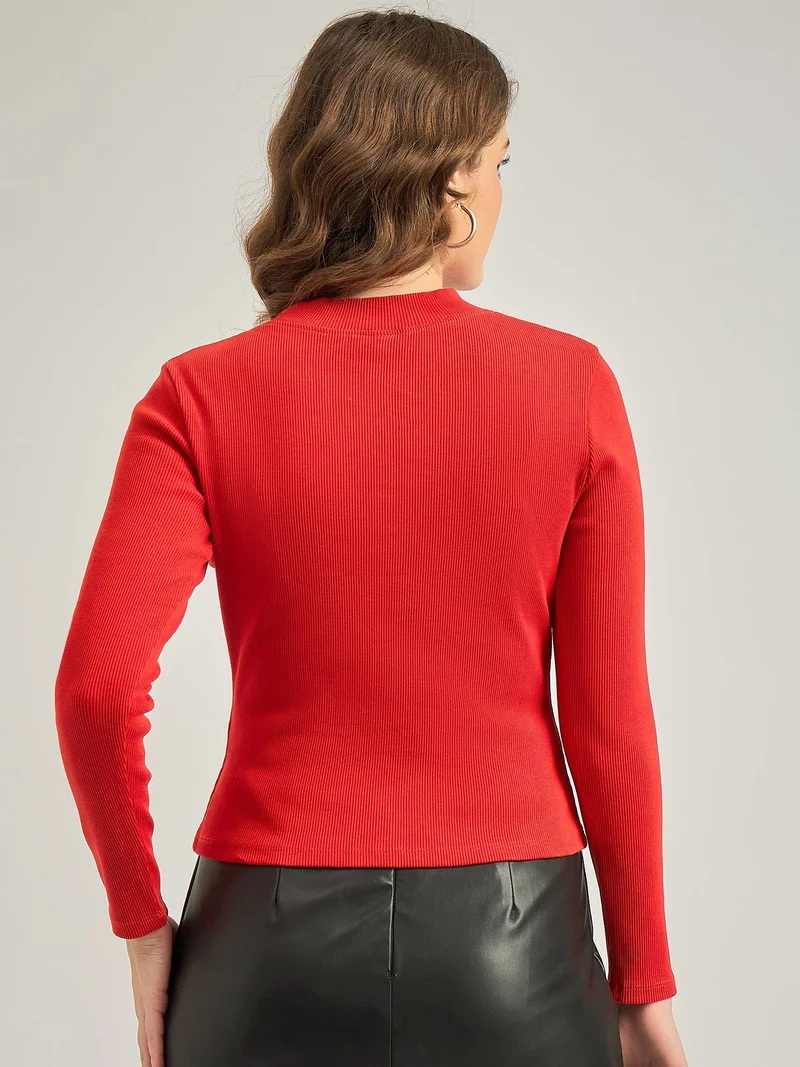 OUTZIDR Red Basic Solid Fitted Ribbed Top