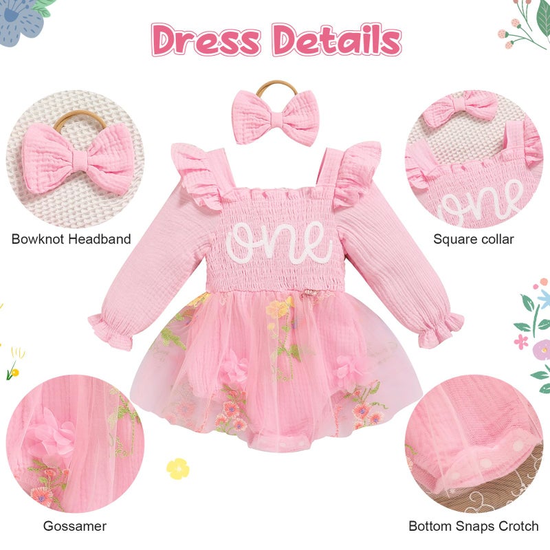 TITKKOP Baby Girl 1st Birthday Clothes One Year Old Tulle Romper Long Sleeve Bodysuit Cake Smash Outfits(flower-pink,12-18M) - Image 5