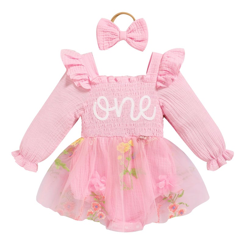 TITKKOP Baby Girl 1st Birthday Clothes One Year Old Tulle Romper Long Sleeve Bodysuit Cake Smash Outfits(flower-pink,12-18M) - Image 1
