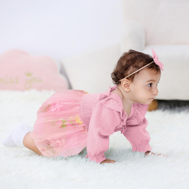 TITKKOP Baby Girl 1st Birthday Clothes One Year Old Tulle Romper Long Sleeve Bodysuit Cake Smash Outfits(flower-pink,12-18M) - Image 3