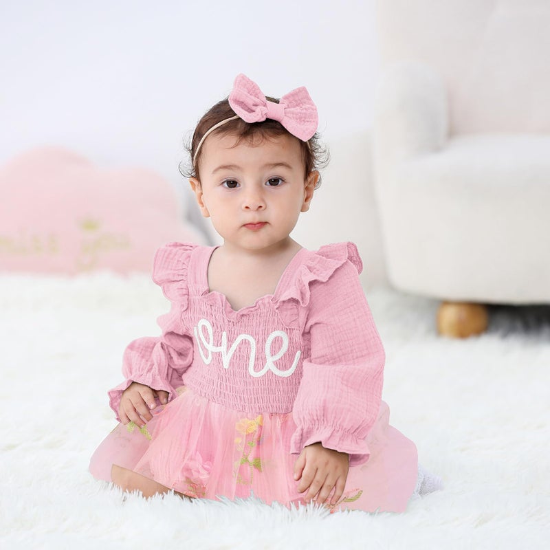 TITKKOP Baby Girl 1st Birthday Clothes One Year Old Tulle Romper Long Sleeve Bodysuit Cake Smash Outfits(flower-pink,12-18M) - Image 2
