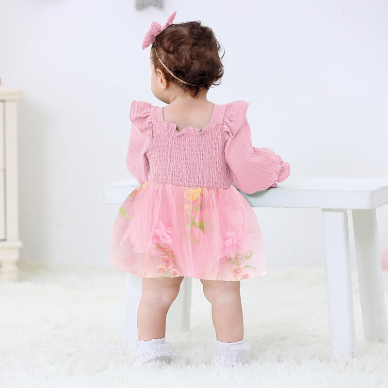 TITKKOP Baby Girl 1st Birthday Clothes One Year Old Tulle Romper Long Sleeve Bodysuit Cake Smash Outfits(flower-pink,12-18M) - Image 4