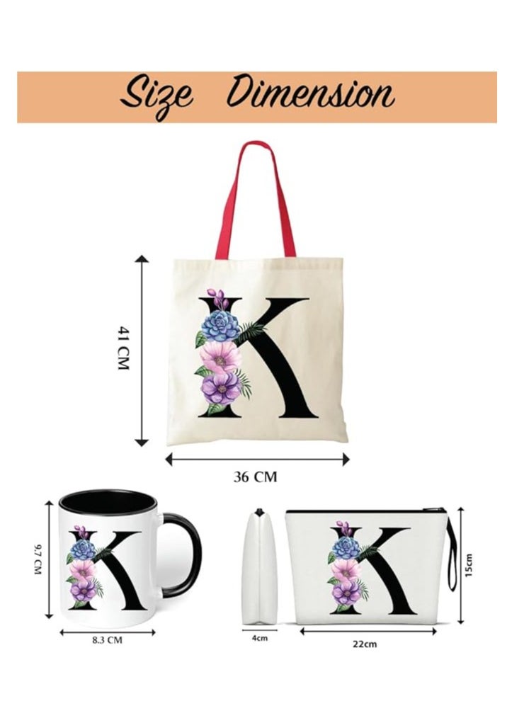 PRINTSHOP4ME Initial Letters Canvas Cotton Tote Bag With Red Handle and Cosmetic pouch for girls - Mug gifts - Pack of 3 Combo set -Giftset for wedding - Gifts for girls - Gift for friends  - Image 3