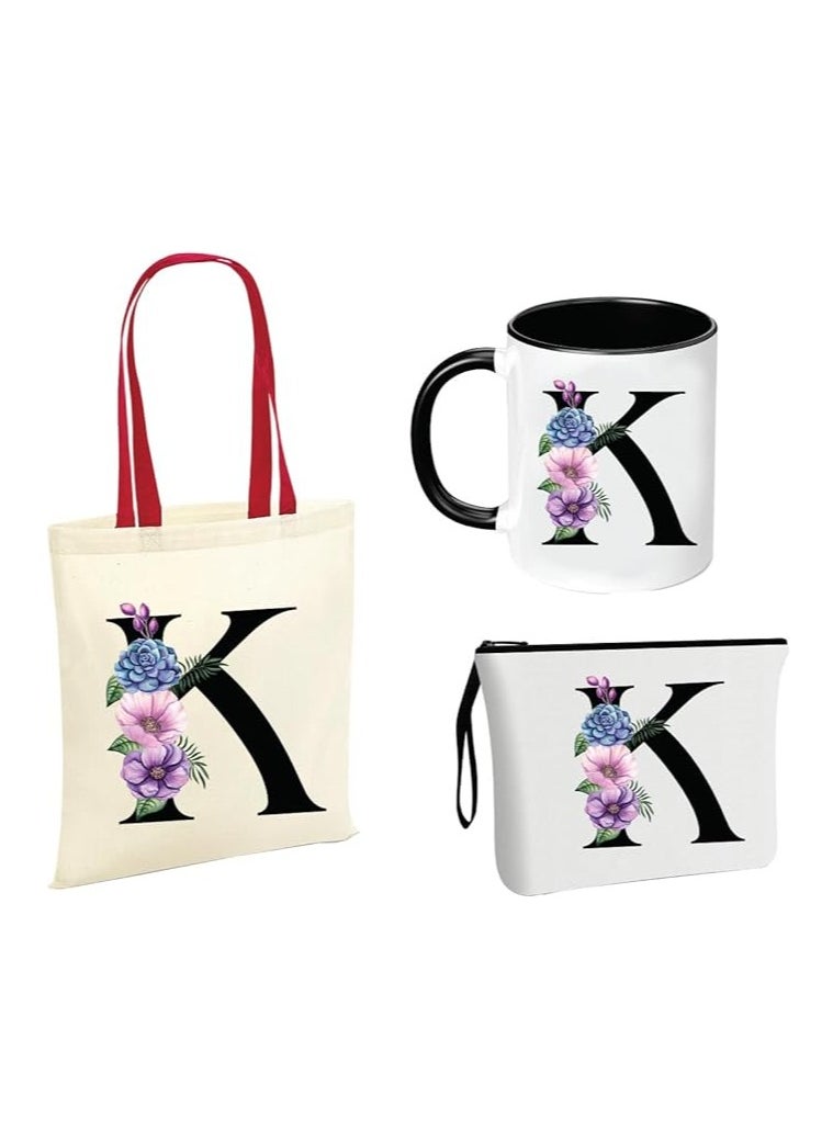 PRINTSHOP4ME Initial Letters Canvas Cotton Tote Bag With Red Handle and Cosmetic pouch for girls - Mug gifts - Pack of 3 Combo set -Giftset for wedding - Gifts for girls - Gift for friends  - Image 1