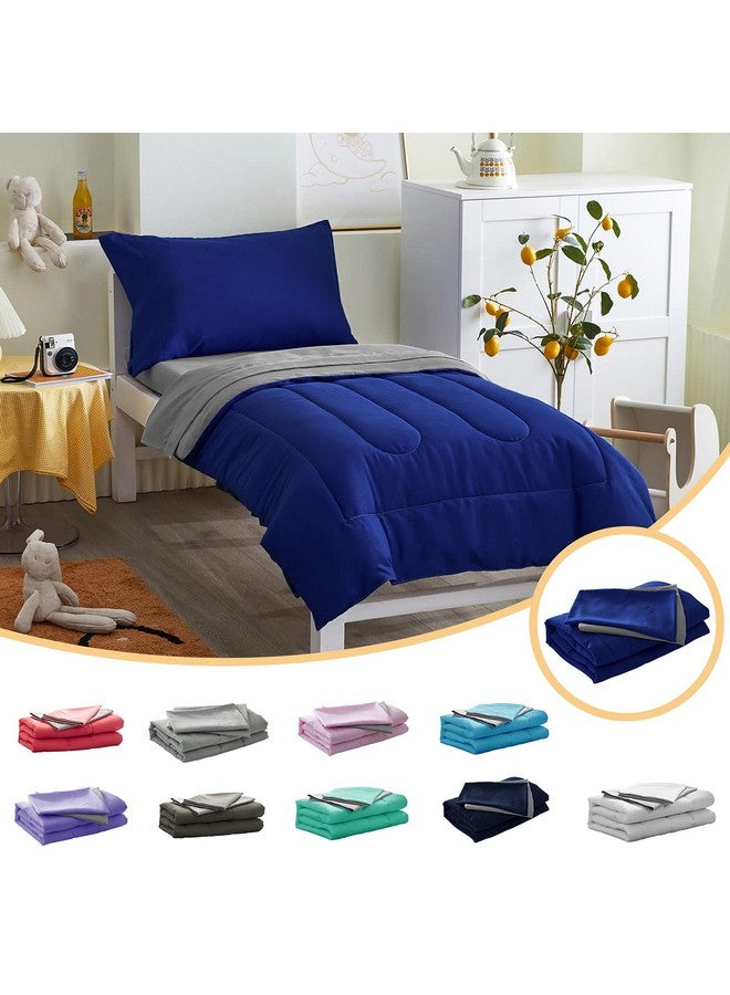 Uozzi Bedding 4 Pieces Toddler Bedding Set Ultra Soft and Breathable Toddler Comforter Sheet Set for Autumu and Winter- Includes Warm Comforter, Flat Sheet, Fitted Sheet and Pillowcase - Royal Blue & Gray - Image 1