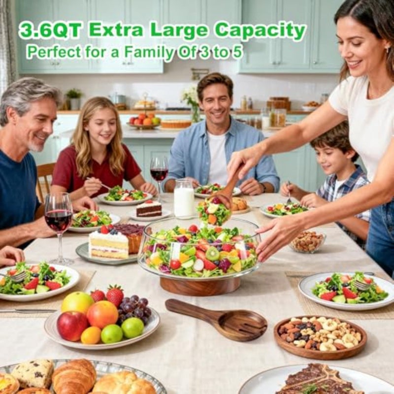 طقم وعاء سلطة زجاجي بقاعدة خشبية، زجاج شفاف وخشب طبيعي، سعة كبيرة ومتعدد الاستخدامات للفواكه والوجبات الخفيفة والمعكرونة - Image 2