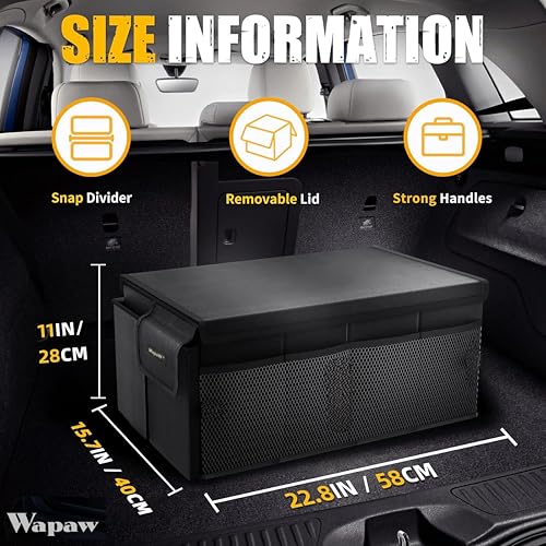 WapaW Polyester Automobiles Car Trunk Organizer Bag with Lid Large Size Multi Compartment Car Organizer (55 x 41 x 25cm) Foldable SUV Car Storage Bag with Support Strap (60L - Large) Black - Image 4