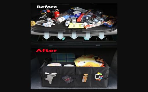 WapaW Polyester Automobiles Car Trunk Organizer Bag with Lid Large Size Multi Compartment Car Organizer (55 x 41 x 25cm) Foldable SUV Car Storage Bag with Support Strap (60L - Large) Black - Image 3