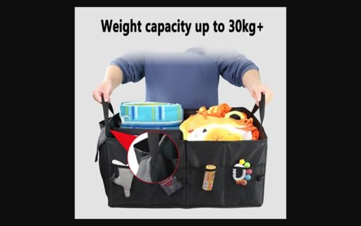 WapaW Polyester Automobiles Car Trunk Organizer Bag with Lid Large Size Multi Compartment Car Organizer (55 x 41 x 25cm) Foldable SUV Car Storage Bag with Support Strap (60L - Large) Black - Image 2